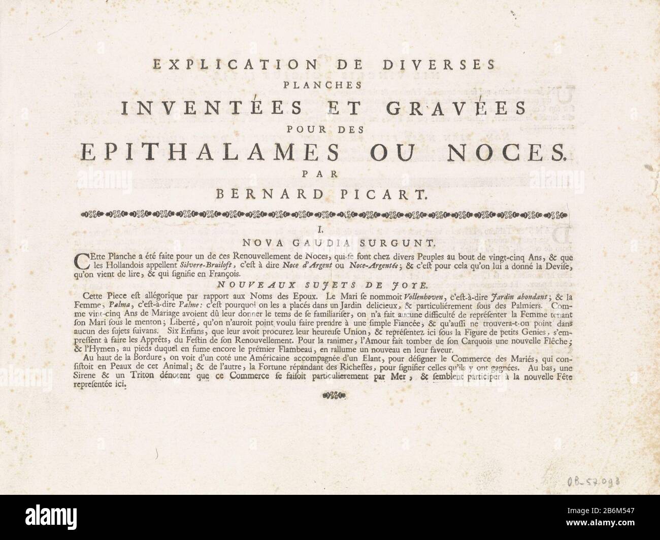 Broschüre bestehend aus zwei gefalteten Textblättern, Erläuterungen auf Französisch zu Hochzeitsdrucken von Bernard Picart. Hersteller : Herausgeber: Bernard PicartPlaats Herstellung: Amsterdam Datum: 1710 - 1733 Physische Merkmale: Textdruckmaterial: Papiertechnik: Briefmaschinenabmessungen: Blatt: H 205 mm × W 531 mm (offen geschlagen) Stockfoto