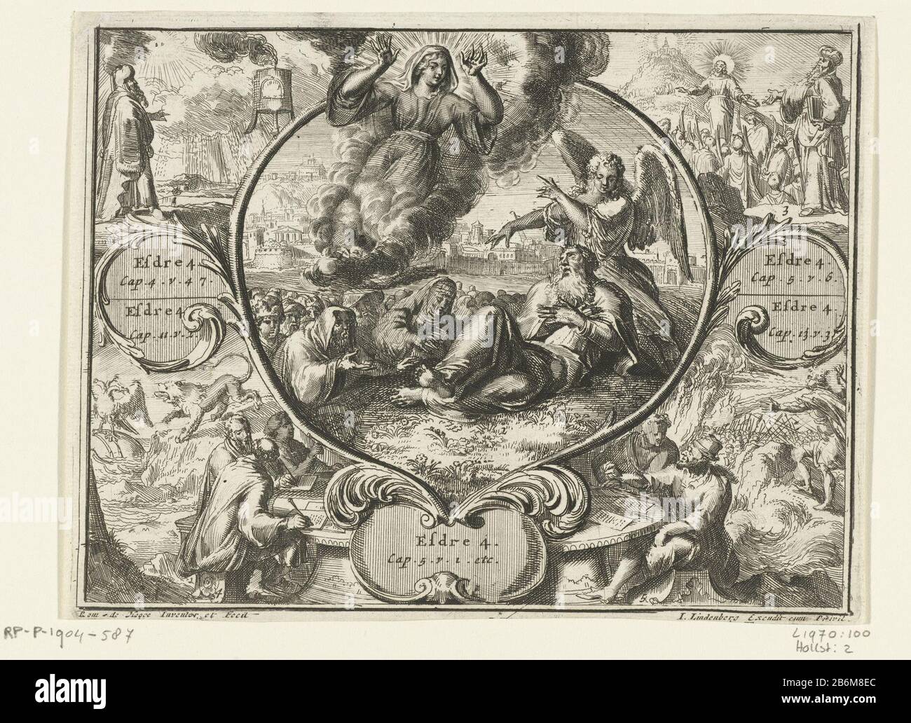 Ezra, engel en verschijning van een vrouw Ezra liegend mit Engel (Uriel), was auf eine Erscheinung einer Frau hinweist. Vier Aufführungen rund um die Hauptidee mit anderen Episoden aus dem biblischen Buch Esra. In drei Rahmen verweist auf Passagen aus Ezra 4. Hersteller: Druckmaschine: Romeyn de Hooghe (denkmalgeschütztes Gebäude) in seinem Entwurf: Romeyn de Hooghe (denkmalgeschütztes Gebäude) Herausgeber: Jacob Lindenberg (denkmalgeschütztes Eigentum) Ort Herstellung: Druckmaschine: Niederlande Herausgeber: Amsterdam Datum: 1705 - 1715 Physische Merkmale: Ätzung und Engra-Material: Papiertechnik: Ätzung/Engra-Verfahren (Druckverfahren) Stockfoto