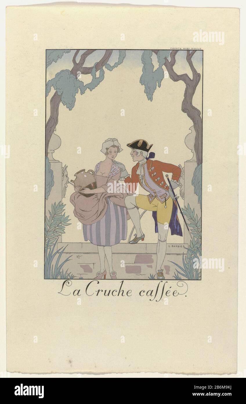 Eine theatrale Version einer Begegnung mit einem Brunnen in Frankreich im achtzehnten Jahrhundert. Sie trägt eine Robe Paysanne "mit Spaltung und kurzem Petticoat. Er trägt einen kurzen und engen Rock und Shorts. Gerissener Krug soll die Tugend der jungen Frau symbolisieren. Das Bild ist Teil des Almanach Falbalas et Fanfreluches pour 1925' von George Barbier. Hersteller: Entworfen von George Barbier (denkmalgeschütztes Gebäude) Druckmaschine: Anonymous Datum: 1925 Körperliche Merkmale: Engra, mit Schablonen und handfarbenem Material: Papiertechnik: Engraa (Druckverfahren) / Chor / Handfarbenmessungen: Blatt: H Stockfoto