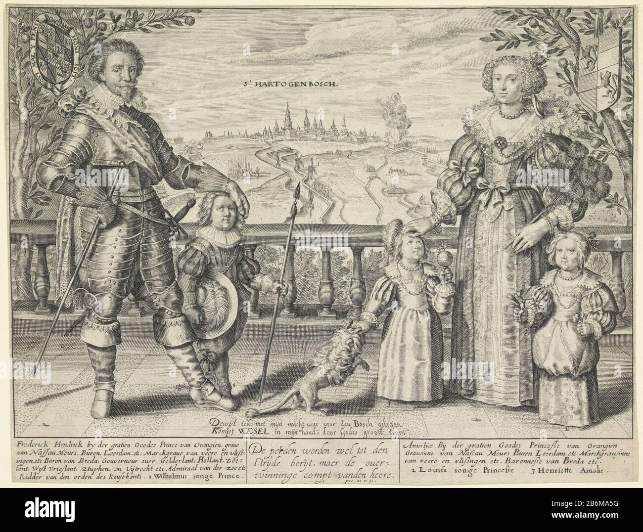 Familieportret van Frederik Hendrik, prins van Oranje, Amalia van Solms en hun Kinderen Familienporträt von Friedrich Henry, Amalia und ihren Kindern William II. Und Louise Henriette Amalia. Die Gruppe steht auf einem Balkon, in der Ferne die Stadt den Bosch. In der Show eine Verse von zwei Zeilen über die Eroberung von den Bosch und Wesel. Am unteren Rand der Namen der vertretenen Personen und ein Bibelzitat aus drei regalen. Hersteller: Druckmaschine: Crispijn von Passe (II) Herstellung: Nordholländer (möglich) Datum: 1629 Physische Merkmale: Fahrzeugmaterial: Papier Techniq Stockfoto