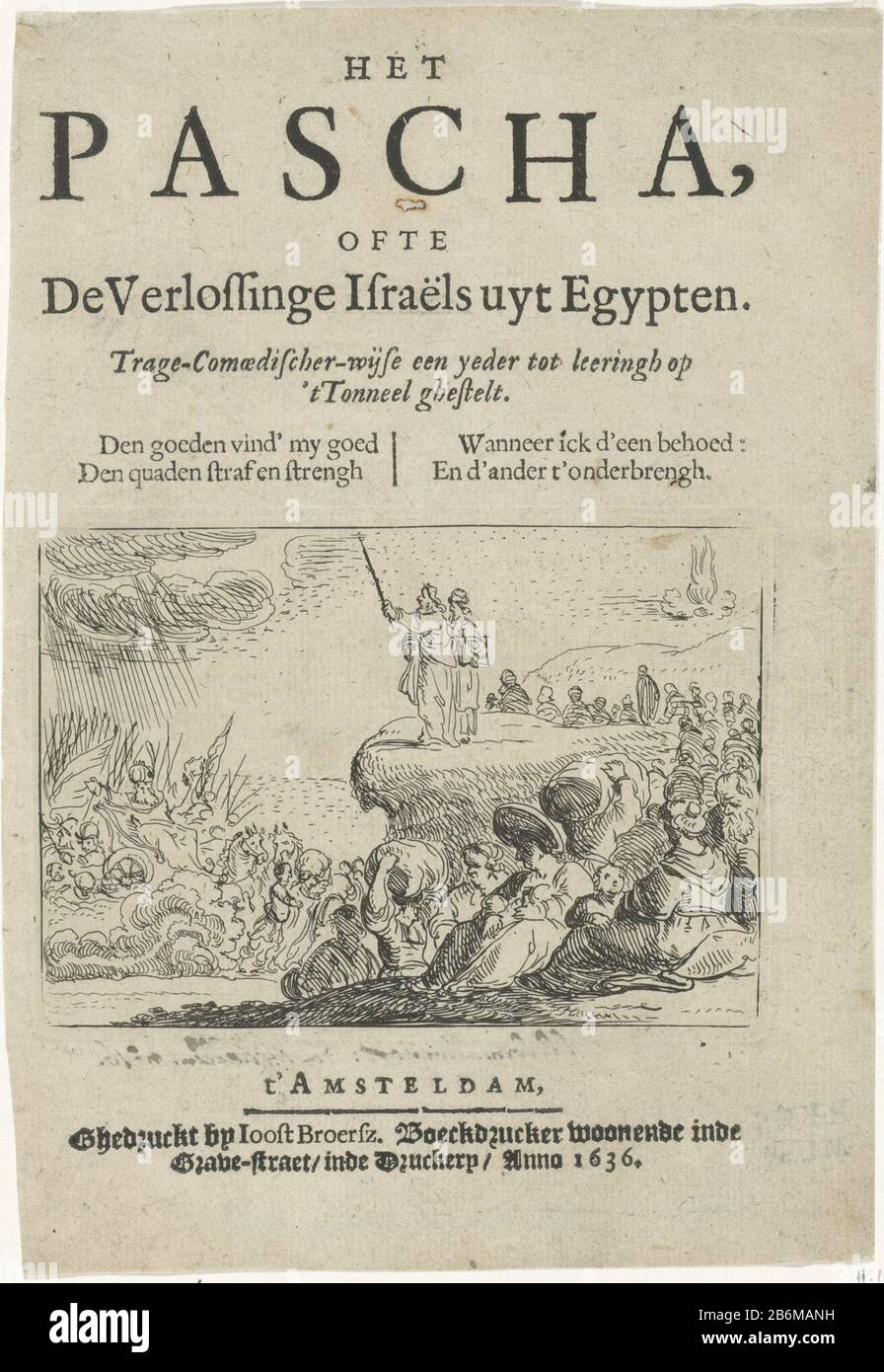 Moses hebt seinen Stab und das Wasser des Roten Meeres fließt zurück, Wo: Indem er Pharao und seine Armee ertränkt. Die Israeliten sind auf der Seite sicher. Rechts der Feuersäule Gott. Hersteller : Druckmaschine: Nicolaes Moeyaert Verlag: Joost Broersz (Listed Property) Ort Herstellung: Amsterdam Datum: 1612 - 1655 Physikalische Merkmale: Ätzung und Textdruck Material: Papiertechnik: Ätzung / Druckformate: Plattenkante: H 78 mm × b 109 mmblad: H 186 mm × W 128 mmToelichtingTitelpagina für: Vondel, Joost van den. Das Passah staubte Die sa in Israel ein. Amsterdam: Dirck Corenlisz Wood Haeck, 16 Stockfoto