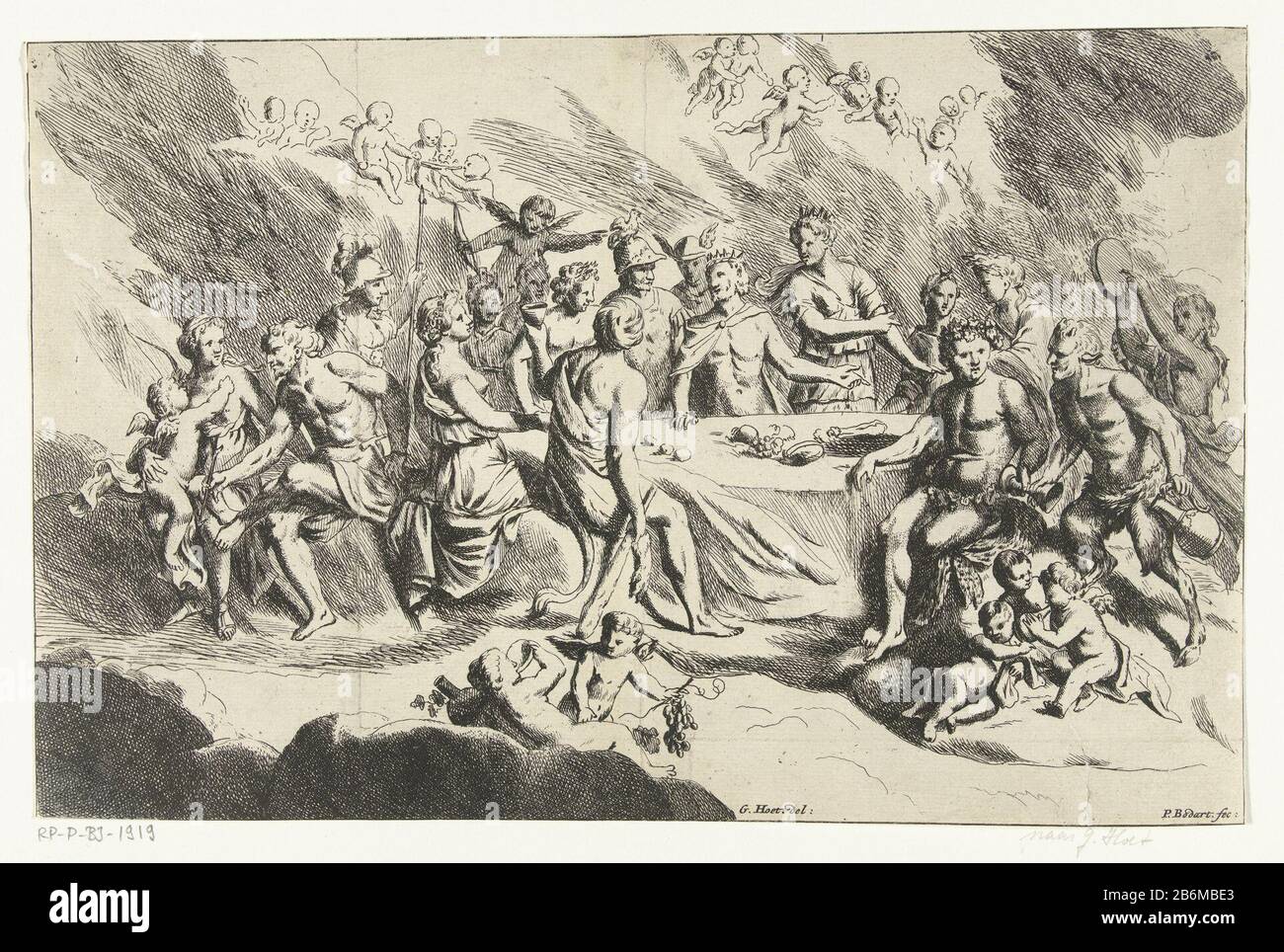 Feestmaal in de Olympus Die Götter sitzen während eines Banketts im Olymp  am Tisch. Jupiter und Juno tragen Kronen die höchsten Götter. Auch einige  andere Götter erkannten sie an ihren Attributen. Links