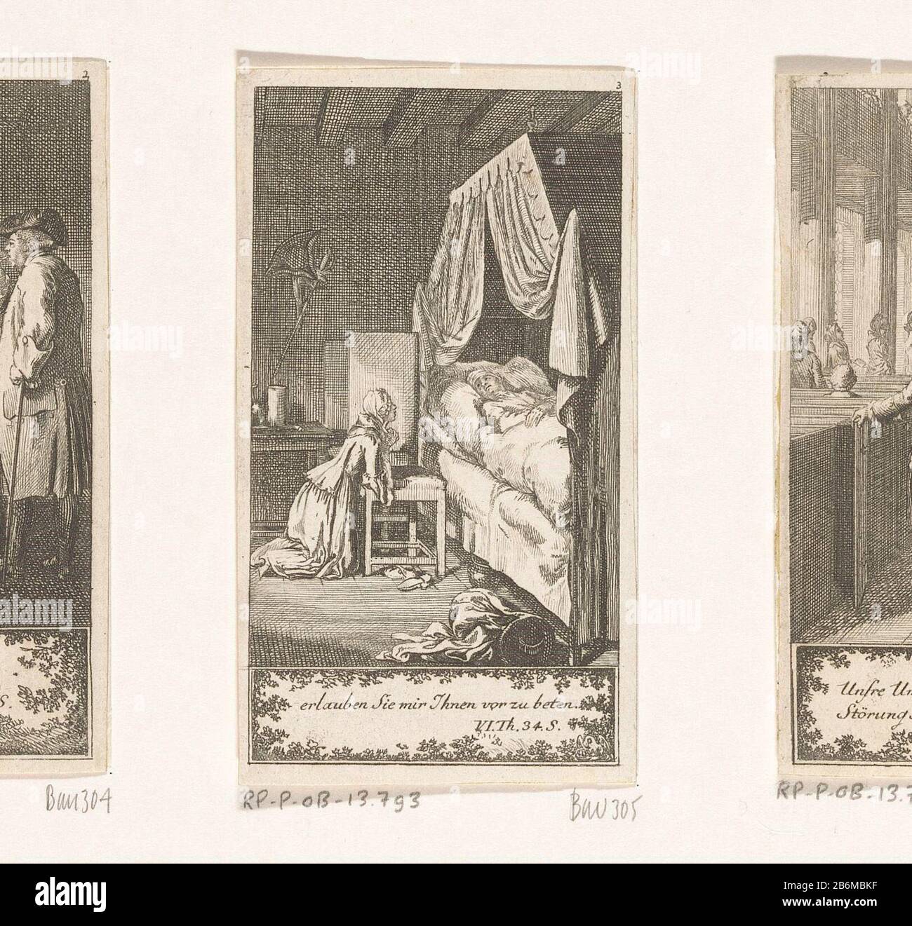Feind liegt krank im Bett, wo er von Christine, der Tochter des Gastwirts, betreut wird. Sie fleht ihn an, für ihn beten zu können. Oben rechts nummeriert 3. Hersteller : Druckerhersteller Daniel Nikolaus Chodowie: Ckinaar eigenes Design: Daniel Nikolaus ChodowieckiSlaats Herstellung: Berlin Datum: 1776 Physikalische Merkmale: Ätzmaterial: Papiertechnik: Ätzmaße: Blatt: H 95 mm (im Bogenrand geschnitten) × W 53 mm (im Bogenrand geschnitten) Hinweis Dritte Szene einer Serie von zwölf Szenen, die die Geschichte des Predigers Gros, Teil von Sophiens Reise nach Memel von Sachsen, illustrieren Stockfoto