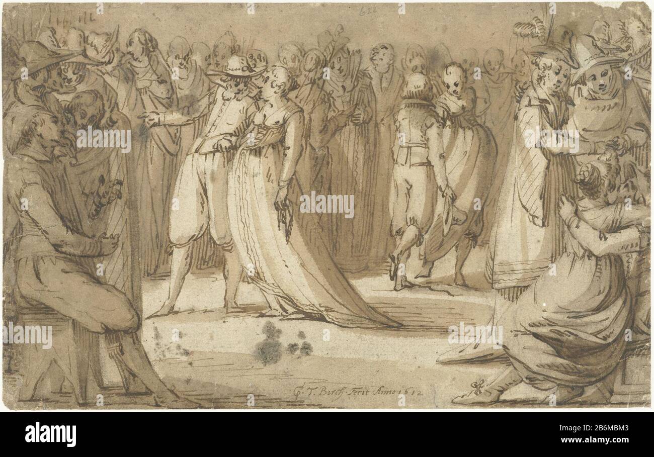 FeestscèneBal italie Objekttyp: Zeichnungsobjektnummer: RP-T-1887-A-862Catalogusreferentie: Kettering 41-GSR-Aufschriften / Marken: Unterschrift und Datum, recto unten Mitte, handschriftlich mit einem Stift in Braun, 'G.T.Borch.Fecit. Anno 1619 (später von Gerard Oude) Anmerkung, verso, handschriftlich in Bleistift: "GTBorch sen. (moderne Handschrift) Hersteller Schöpfer: Künstler Gerard ter Borch (I) (persönlich signiert) Ort Herstellung: Zwolle (möglich) Datum: 1612 Physische Merkmale: Stift und Bürste in brauner Tinte über Spuren schwarzer Kreide auf Papiermaterial: Papier-Tintenstift (Feder) Kreidetechnik: Brus Stockfoto