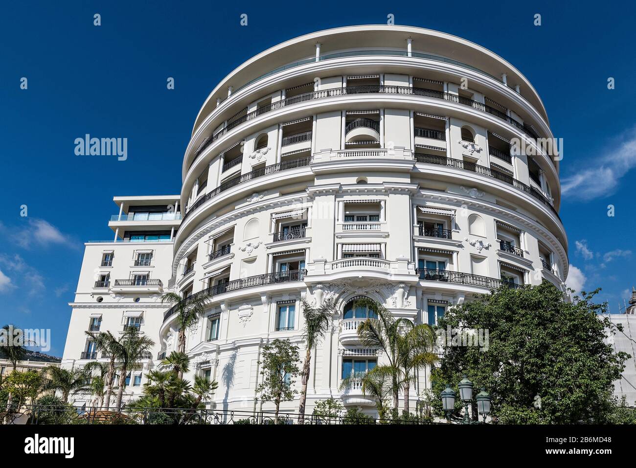 Die Außendetails des Hermitage Hotels in Monaco. Stockfoto