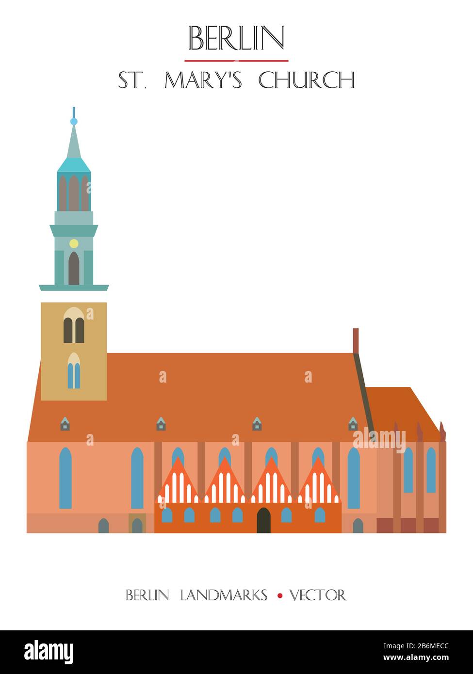 Farbenfroher Vektor St. Marienkirche mit Blick auf den Vorbau, berühmtes Wahrzeichen Berlins. Vektor-Flachdarstellung isoliert auf weißem Hintergrund. Berlin reisen Stock Vektor