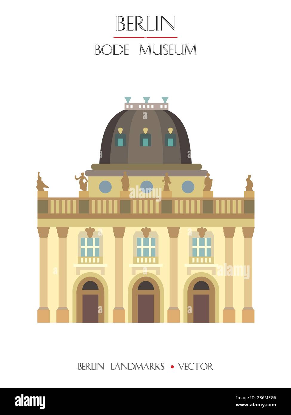 Bunte Vektor-Bode-Museum mit Blick auf die Vorderseite, berühmtes Wahrzeichen von Berlin, Deutschland. Vertikale Vektor-Flachdarstellung isoliert auf weißem Hintergrund. Berlin tra Stock Vektor
