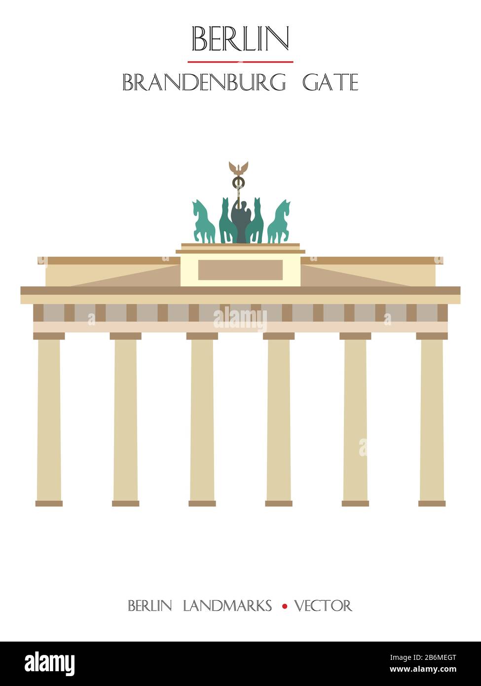 Farbenfroher Vektor Brandenburger Tor Vorderansicht, berühmtes Wahrzeichen von Berlin, Deutschland. Vektor-Flachdarstellung isoliert auf weißem Hintergrund. Berlin reisen Stock Vektor