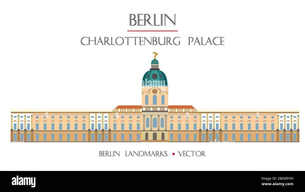 Farbenfroher Vektor Schloss Charlottenburg Vorderansicht, berühmtes Wahrzeichen von Berlin, Deutschland. Vector Horizonta flache Abbildung isoliert auf weißem Hintergrund. Stock Vektor