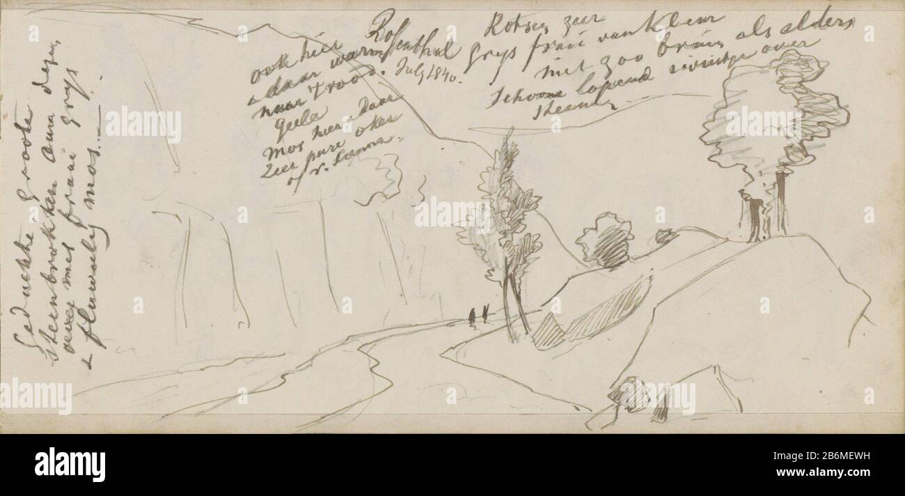 Figuren op een Pad tussen de bergen in Rosenthal Abb. auf einem Weg zwischen den Bergen in Rosenthal Objektart: Skizzenblatt Objektnummer: RP-T-1994-24-57 (V) Markierungen / Marken: Datum und Beschriftung, handschriftlich "Rosenthal / Juli 1840'kleurnotitie, handschriftliche Beschreibung: Journal 57 verso aus einer Skizze-63 bladen. Hersteller : Zeichner: John TavenraatPlaats Herstellung: Deutschland Datum: Juli-1840 Physische Eigenschaften: Bleistift und Stift in braunem Material: Papiertinte Bleistift-Technik: Feder-Motiv: Landschaften (+ Landschaft mit Figuren, Staffage) Bergstraße, Weg wo Deutschland Stockfoto