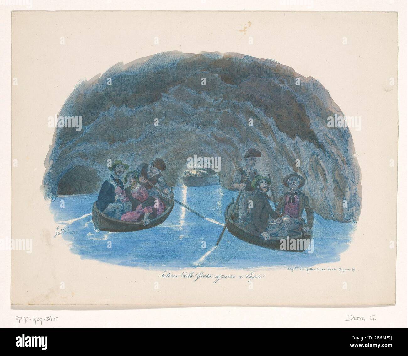 Figuren op Roeiboten in de Blauwe Grot op Capri Interno della Grotte azzurra A Capri (titel op object) Figuren auf Ruderbooten in der Blauen Grotte auf CapriInterno della Grotte Azzurra ist ein Capri (title object) Objekttyp: Bild Artikelnummer: RP-P-1909-3415 Beschriftung / Marken: Sammlermarke, verso, gestempelt: Lugt 2228 Hersteller: Druckmaschine: Gaetano Dura (denkmalgeschütztes Gebäude) Drucker: Gatti & Dura (denkmalgeschütztes Eigentum) Herstellung: Druckmaschine: Italien Herausgeber: Neapel Datum: 1815 - 1878 Physische Merkmale: Lithographisch, handfarbig in blauem, braunem und rosafarbenem Material: Papiertechnik: Lithographie ( Stockfoto