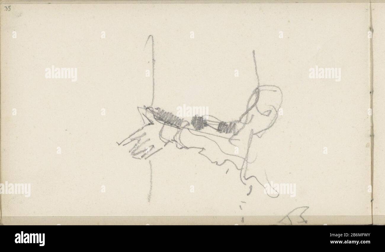 Figuur traf sich mit dem uitgestrekte Arm Seite 35 eines Skizzenbuchs mit 30 bladen. Hersteller : Künstler George Hendrik Breitner Herstellungsort: Den Haag Datum: 1881 - 1883 Physische Merkmale: Bleistift-Material: Bleistift-Stoff: Arm nach vorne gestreckt und gerader Erwachsener Stockfoto