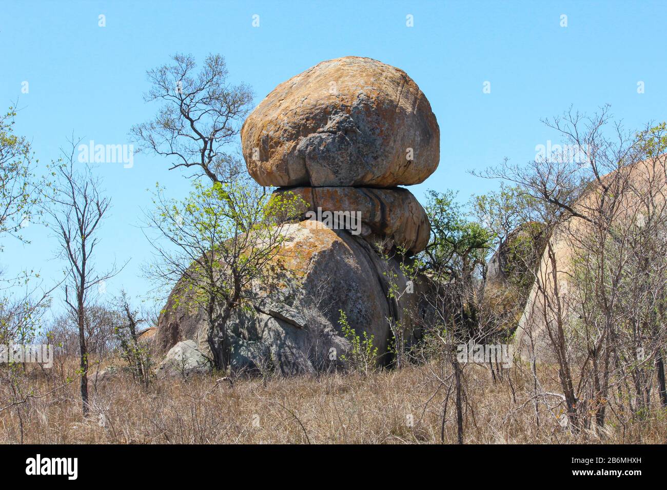 Steinhaufen mitten in der Wildnis mit Trockenrasen in Südafrika während des Safariurlaubs Stockfoto