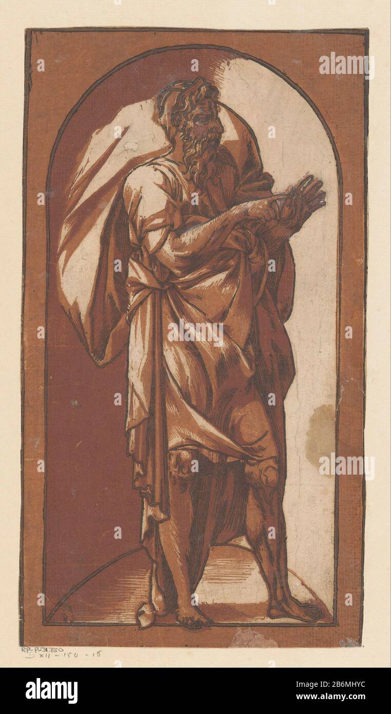 Filosoof EIN stehender Mann mit Bart in einer Nische, vielleicht ein Philosoph, der seine Eser zählt. Hersteller: Druckmaschine: Anonymer Entwurf von: Domenico Beccafumi (möglich) Ort Herstellung: Italien Datum: Auf oder nach 1496 Physische Merkmale: Chiaroscuro Holzschnitt in schwarz und braun; bedruckter Holzschnitt und zwei Holztonblöcke Material: Papiertechnik: Chiaroscuro-Holzschnitt Abmessungen: Blatt: H 304 mm × W 171 mm Betreff: Abzählen von Argumenten, Berechnen auf den Fingern stehender Figurenwissenschaftler, Philosoph Stockfoto
