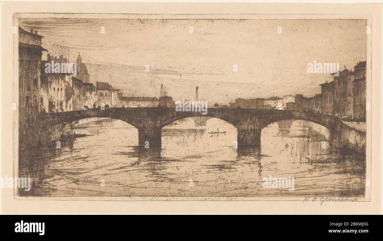 Firenze (originele titel) EINE Brücke über den Arno Florenz. Hersteller : Druckerhersteller Willem Adrianus Ground Wood (persönlich unterzeichnet) Datum: 1921 Physikalische Merkmale: Radierung und Plattenton braunes Material: Papiertechnik: Radierung / Tonplattengröße: Plattenkante: H 178 mm × W 338 mm Betreff: Brücke in der Stadt über Fluss, Kanal usw. Stockfoto
