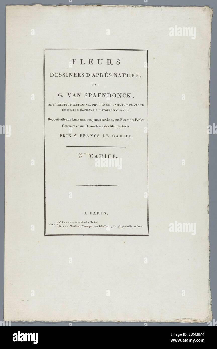 Abdeckung für eine Serie von vier Drucken von Blähungen. Hersteller : Druckmaschine: Anonymer Verleger: Gerard Spaendonck (denkmalgeschütztes Gebäude) Herausgeber: Jacques Louis Bance (Listed Property) Ort Herstellung: Paris Datum: 1790-1801 Physische Merkmale: Briefpapier auf Grünpapier Material: Papiertechnik: Briefmaschinenabmessungen: Deckel: H 525 mm × W 346 mmToelichtingDe Serie Fleurs dessinées d'après Nature (...) besteht aus 24 Drucken, die auf sechs Ordner verteilt sind. Der Print Room verfügt über 23 Drucke in sechs Ordnern. Die Verteilung der Ordner ist willkürlich. Siehe RP-P-1909-4220 t/m 4242 und RP-P-2016- Stockfoto