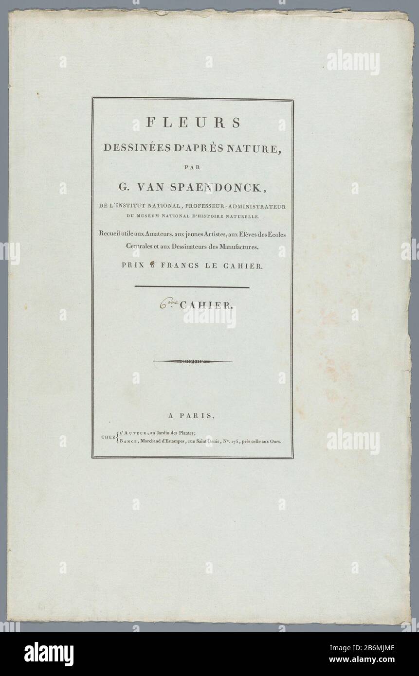 Abdeckung für eine Serie von vier Drucken von Blähungen. Hersteller : Druckmaschine: Anonymer Verleger: Gerard Spaendonck (denkmalgeschütztes Gebäude) Herausgeber: Jacques Louis Bance (Listed Property) Ort Herstellung: Paris Datum: 1790-1801 Physische Merkmale: Briefpapier auf Grünpapier Material: Papiertechnik: Briefmaschinenabmessungen: Deckel: H 524 mm × W 345 mmToelichtingDe Serie Fleurs dessinées d'après Nature (...) besteht aus 24 Drucken, die auf sechs Ordner verteilt sind. Der Print Room verfügt über 23 Drucke in sechs Ordnern. Die Verteilung der Ordner ist willkürlich. Siehe RP-P-1909-4220 t/m 4242 und RP-P-2016 Stockfoto