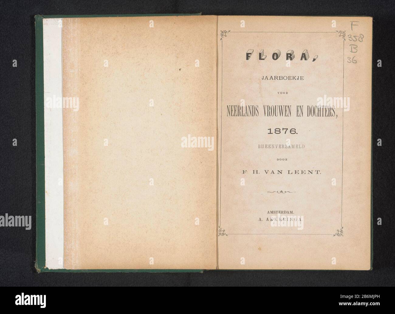 Flora jaarboekje voor Neerlands vrouwen en dochters bijeenverz door FH van Leent (titel op object) Flora: Jahrbuch für die niederländischen Frauen und Töchter / bijeenverz. Von F. H. von Leent (title object) Objekttyp: Buch Artikelnummer: BI-H 4137 Beschriftungen / Marken: Annotation, erstes Flyleaf in handschriftlichem Bleistift: "YR rv 957'annotie erste handschriftliche Flyleaf-Bleistift," gekauft im Oktober 19 [... ] / von der Academia, / Groningen, für f 3,70'Vervaardiging dating: Material von 1876: Papierhandtücher Pappe Technik: Druck / Albumin Druckgrößen: H 175 mm × W 121 mm × d 13 mm Stockfoto
