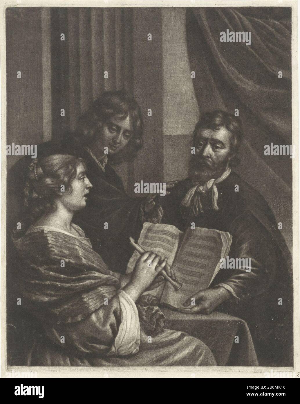 Fluitspeelster EINE junge Frau spielt eine Flöte vor zwei Männern, Wo: Einer von einem Musikbuch Open houdt. Hersteller: Druckmaschine: Wallerant Vaillant zum Gemälde von Gerard Pietersz. Van Zijl Datum: 1658 - 1677 Physische Merkmale: Mezzotinmaterial: Papiertechnik: Mezzotinmaße: Plattenkante: H 308 mm × W 242 mm Betreff: Flöte, Aulos, tibiaprinte Ausgabe oder Musikkerbe Stockfoto