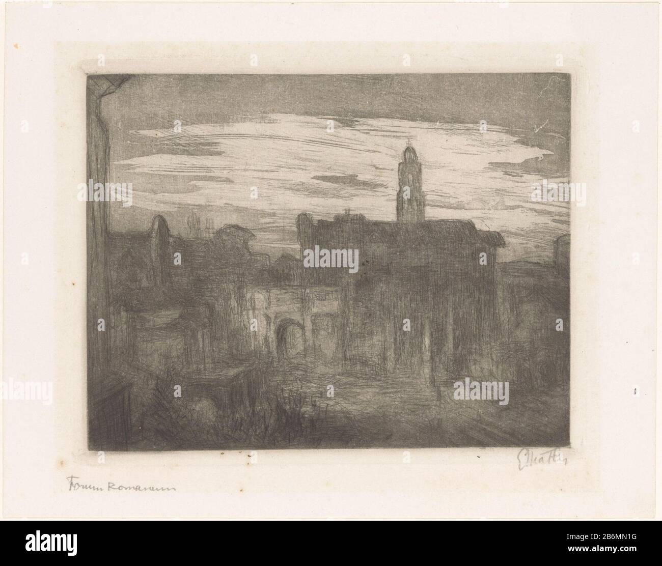 Forum Romanum (originele titel op object) Das Forum Romanum Rom, einschließlich des Bogens von Septimius Severus. Hersteller: Druckmaschine: Etha Fles (persönlich unterzeichnet) Datum: 30-1948 Physikalische Merkmale: DRYPOINT, Roulette und Aquatintmaterial: Papiertechnik: DRYPOINT / Roulette / Aquatinta Abmessungen: Plattenkante: H 151 mm b × 192 mm Betreff: Namen historischer Gebäude, Stätten, Straßen usw. (Forum Romanum) Wo: Forum Romanum Stockfoto