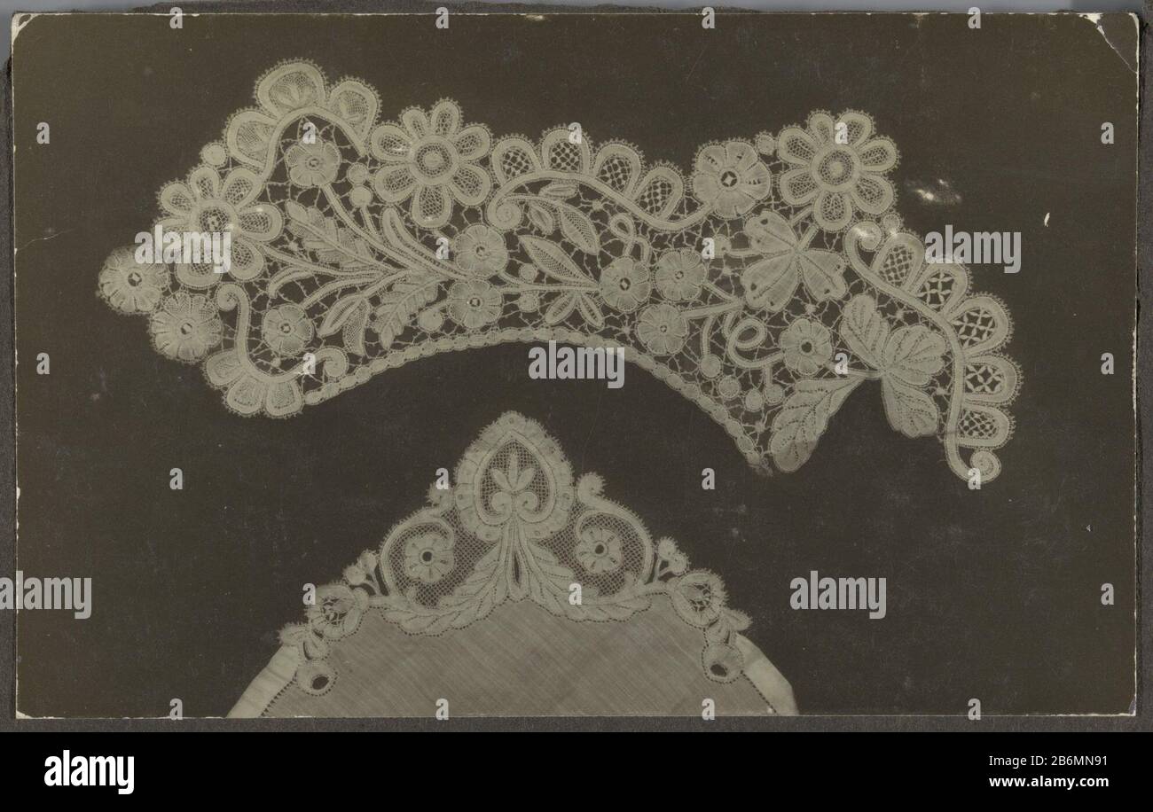 Foto van een zakdoekenhoek van kant en een Fragment (kraag) met bloem- en bladmotieven Foto von einer Taschentuchwinkelseite und einem Fragment (Kragen ?) mit Blumen- und Blattmotiven. Das Foto gehört neben den Inventarnummern zu fünf verschiedenen Fotos: BK-1979-33-B-1 / m BK-1979-33-B-6. Das hier beschriebene Bild zusammen mit den Bildern BK-1979-33-B-3, die auf einer schwarzen Pappe stecken und auf der Rückseite eingeklebt sind, sind BK-1979-33-B-5 und PA-1979-33-B-6. Diese von L. W. van der Meulen-Nulle und J.H. erstellten Nebenobjekte Faber-tation. Sie waren unter anderem als Nebenprofessor an der nationalen Akademie Kunstnijverheid tätig. Mann Stockfoto