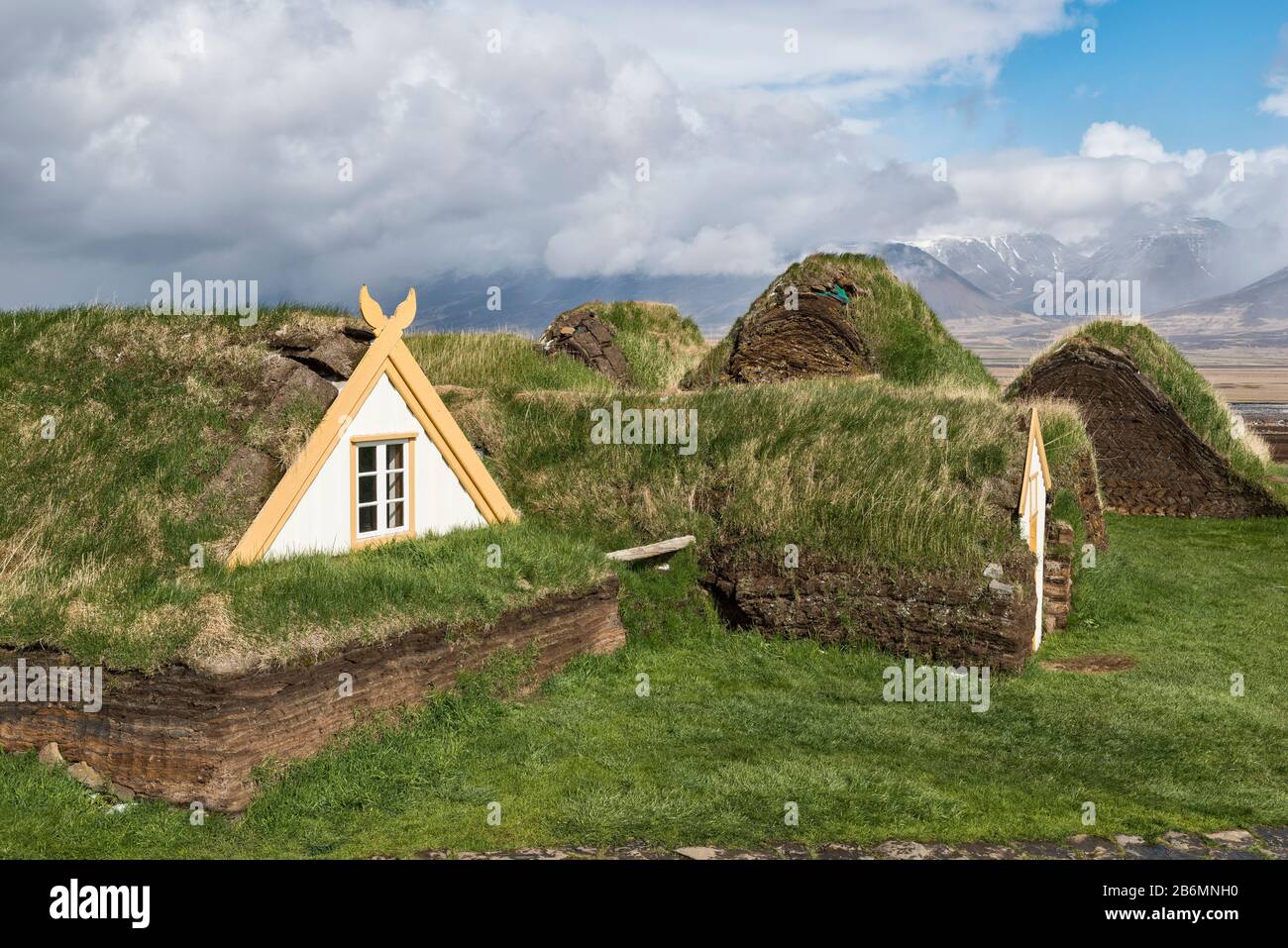 Erhalten 18 c und 19 c Turf farm Häuser in Glaumbaer Folk Museum, Skagafjörður, North Island Stockfoto