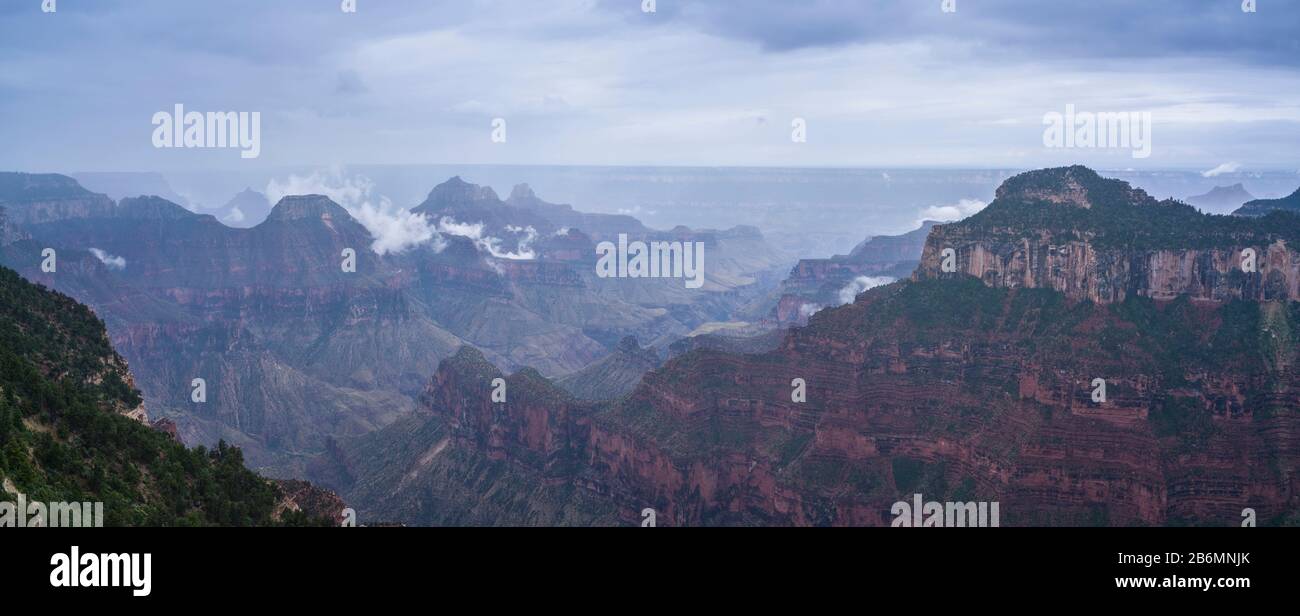 Blick auf den Canyon im regnerischen Tag, North Rim Lodge, Grand Canyon, Arizona, USA Stockfoto