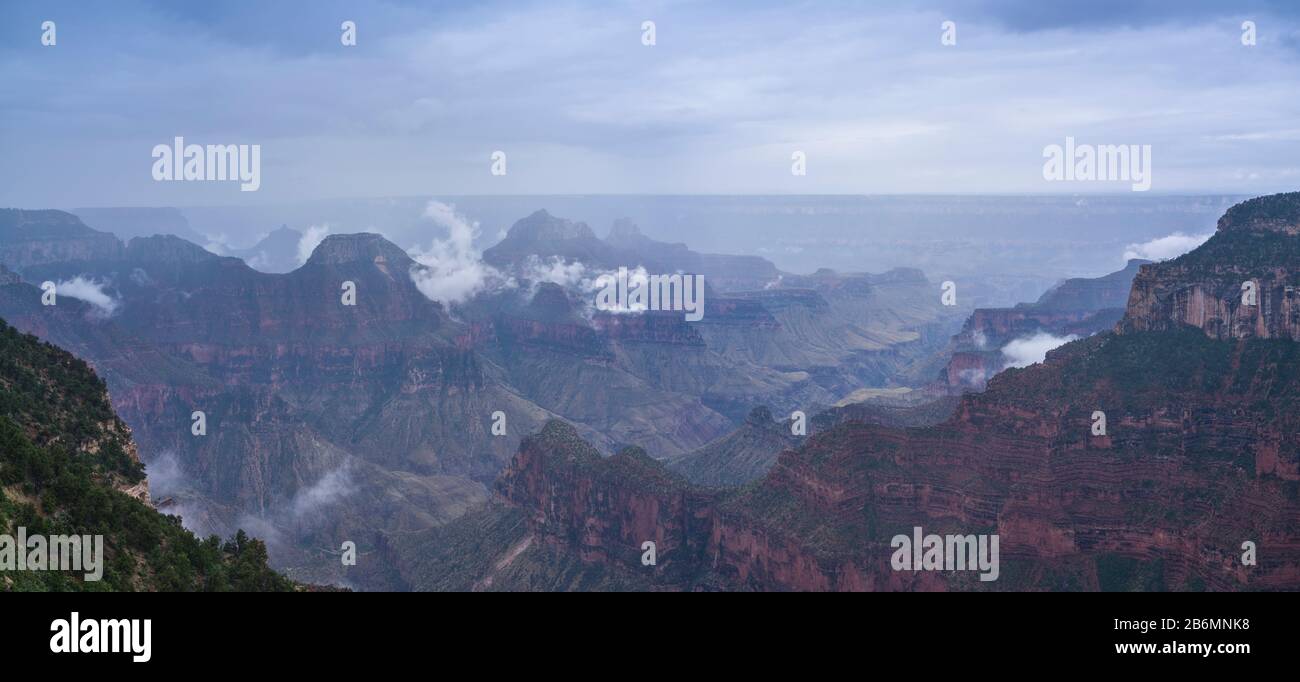 Blick auf den Canyon im regnerischen Tag, North Rim Lodge, Grand Canyon, Arizona, USA Stockfoto