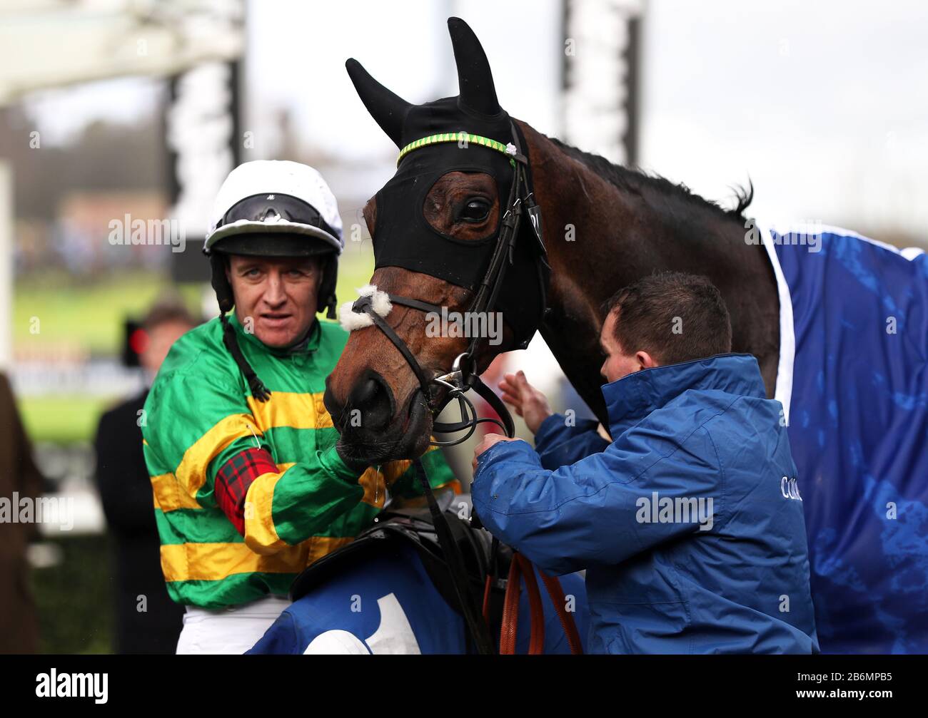 Jockey Barry Geraghty mit Dame De Compagnie, nachdem er am zweiten Tag des Cheltenham Festivals auf der Cheltenham Racecourse die Handicap-Hürde im Coral Cup gewonnen hatte. Stockfoto