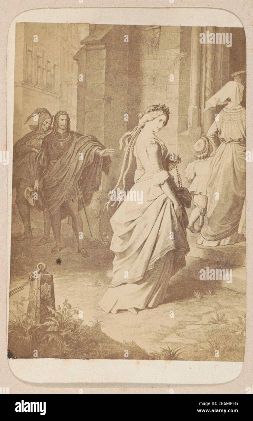 Fotoreproductie van (vermoedelijk) een prent naar werk van W von Kaulbach Gretchen (Kirchgang) (Faust) Gretchen (Kirchgang) (Faust) W von Kaulbach (titel op object) Onderdeel van Fotoalbum met 16 cartes-de-visite van vrouwenfiguren uit het Werk van J.W. von Goethe-  LW AT  . Hersteller : fotograaf: Andries Jagernaar Mieter van: AnoniemPlaats Herstellung: Amsterdam dating: CA. 1860 - ca. 1890 Physikalisches Kenmerken: Albuminedruk-Material: Papierfotopapier karton Techniek: Albuminedruk Abmessungen: Foto: H 72 mm × b 54 mm Betreff: Jugendliche, junge Frau, MaidenGretchen Stockfoto