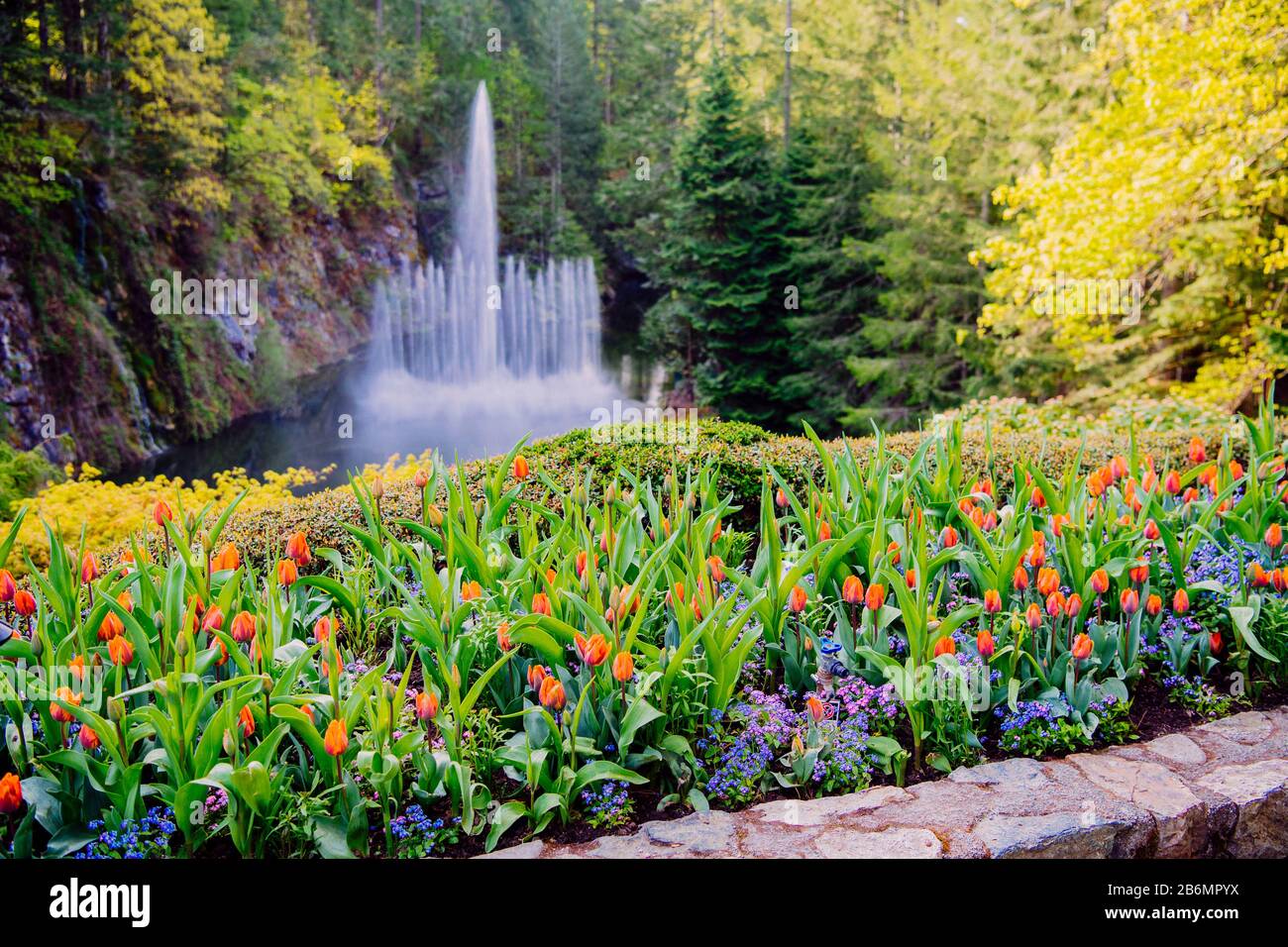 Blick auf Teich und Brunnen im Garten, Butchart Gardens, Vancouver Island, British Columbia, Kanada Stockfoto