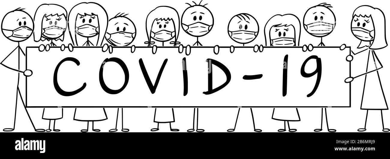 Vector Cartoon Stick Figur Zeichnung konzeptionelle Abbildung der Gruppe von Menschen, die Gesichtsmasken tragen und Coronavirus Kovid-19-Zeichen halten. Infektions- und Epidemiekonzept. Stock Vektor