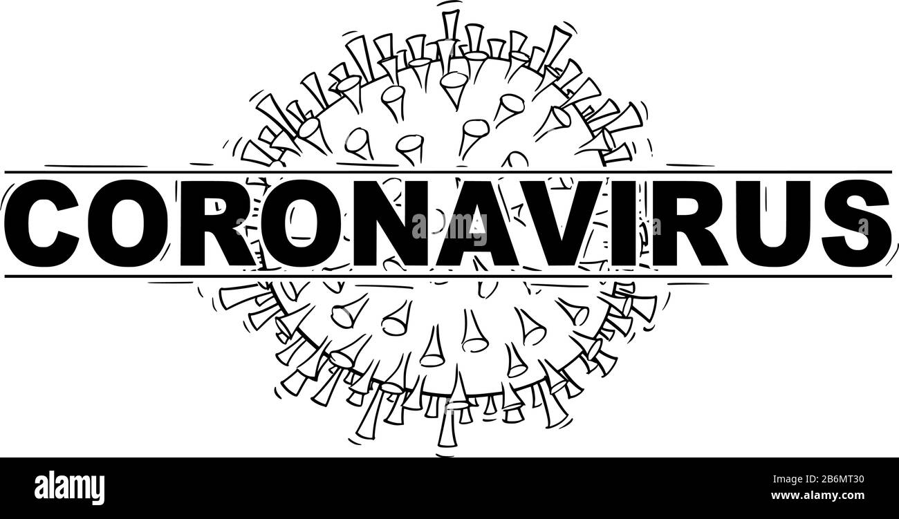 Vector Schwarzweiß konzeptionelle Zeichnung, Abbildung oder Design von Coronavirus Kovid-19 im Logo- oder Kopfzeilenformat. Stock Vektor