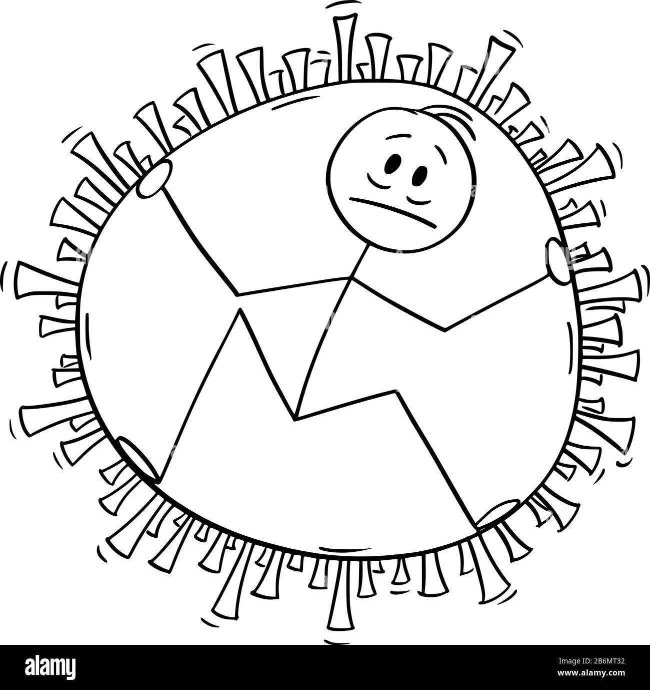 Vektor-Zeichentrickstock-Figur mit einer konzeptionellen Abbildung des kranken Mannes, der im Inneren des Coronavirus Kovid 19 gefangen ist. Infektions-, Epidemie- oder Pandemiekonzept. Stock Vektor