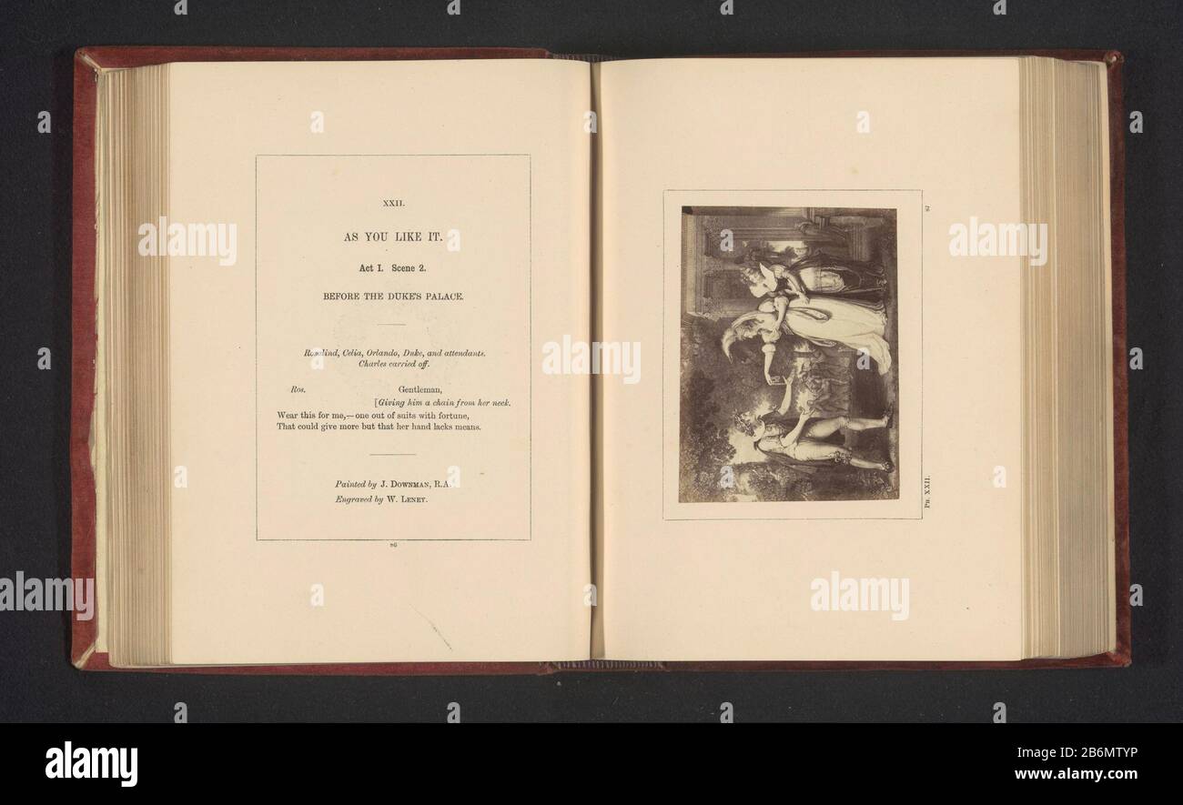Fotoreproductie van een prent naar een schilderij door John Downman, voorstellend een Scene uit Naar het u bevalt door William Shakespeare be Seen Act I, Scene 2 with Rosalind, Celia and Orlando for the Palace of the hertog. Hersteller : Fotograf: Stephen Aylingnaar Druck von William Satchwell Leney (denkmalgeschütztes Gebäude) für Malerei von John Downman (denkmalgeschütztes Objekt) Ort Herstellung: London dating: CA. Oder für 1864 Material: Papiertechnik: Albumindrucke Abmessungen: Foto: H 75 mm × W 99 mmToelichtingFoto Seite 87. Betrifft: Spezifische literarische Arbeit Stockfoto