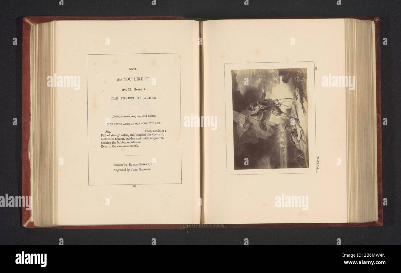 Fotoreproductie van een prent naar een schilderij door Robert Smirke, voorstellend een Scene uit Naar het u bevalt door William Shakespeare On Display is a representation of Act II, Scene 7; Seven Ages Of man. Hersteller : Fotograf: Stephen Aylingnaar Foto von John Ogborne (I) (denkmalgeschütztes Gebäude) zu Gemälde von Robert Smirke (denkmalgeschütztes Eigentum) Ort Herstellung: London dating: CA. Oder für 1864 Material: Papiertechnik: Albumindrucke Abmessungen: Foto: H 75 mm × W 100 mmToelichtingFoto Seite 107. Betrifft: Spezifische literarische Arbeit Stockfoto