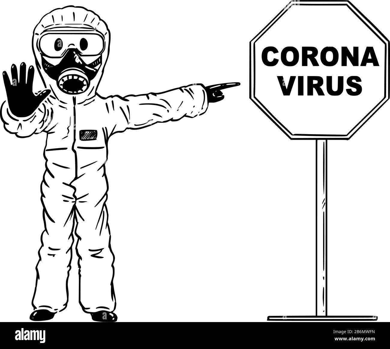Vector Cartoon Stick Figur Zeichnung konzeptionelle Abbildung des Mannes, der eine schützende Gesichtsmaske und einen Anzug trägt, die Stopp-Geste zeigt und auf Coronavirus Kovid-19 zeigt. Stock Vektor