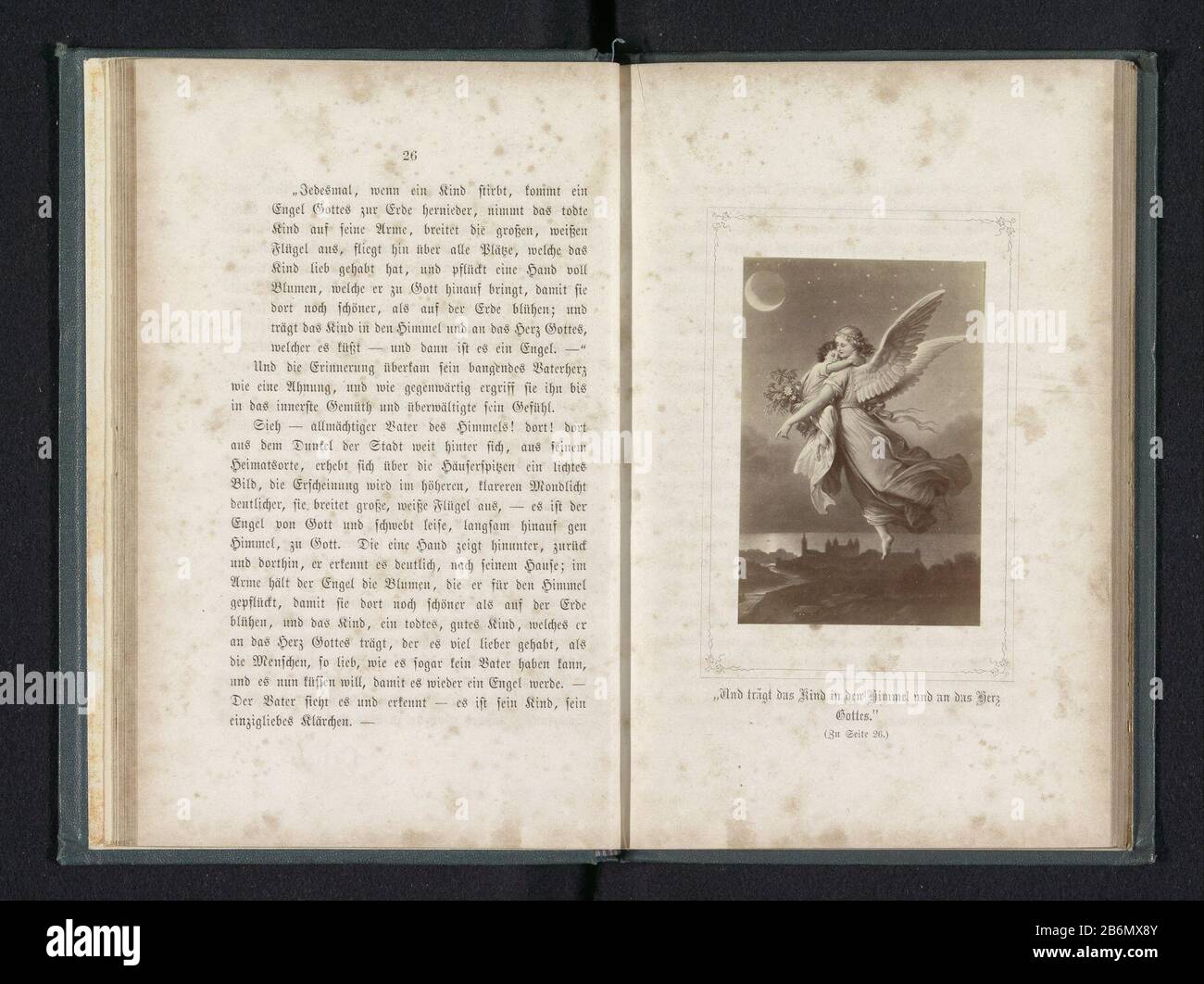 Foto Reproduktion eines Engels, der ein Kind in den Armen hält, Trägt und das Kind in den Himmel und an das Gottes Herz. (Titelobjekt) Eigenschaftstyp: Foto-Reproduktion Seite Artikelnummer: RP-F 2001-7-853-2 Aufschriften / Marken: Beschriftung, Nachzeichnung, gedruckt '(Zu Seite 26). Herstellerschaffer: Fotograf: Anonym drucken von: Anonyme Dating: Etwa um das Jahr 1852 - oder für das Jahr 1862 Material: Papiertechnik: Albumin Druckabmessungen: Foto: H 84 mm × W 55 mmToelichtingFoto Vorderseite 26. Betrifft: Engel Stockfoto