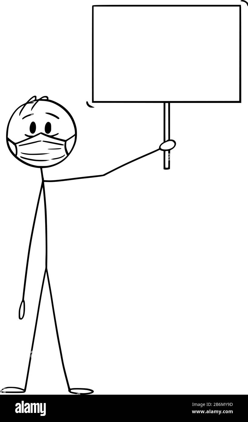 Vector Cartoon Stick Figur Zeichnung konzeptionelle Illustration von Mann oder Geschäftsmann mit Gesichtsmaske mit leerem Schild. Gesundheitskonzept oder Coronavirus-Infektionskonzept. Stock Vektor