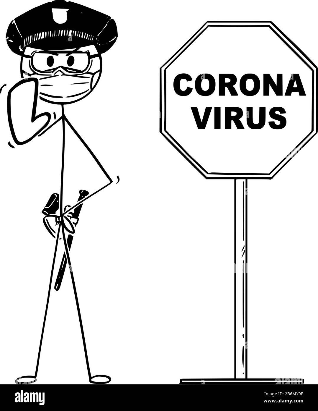 Vector Cartoon Stick Figur Zeichnung konzeptionelle Abbildung des Coronavirus Kovid-19 Stoppschildes und Polizist, der eine schützende Gesichtsmaske trägt, die Stopp-Geste zeigt. Stock Vektor