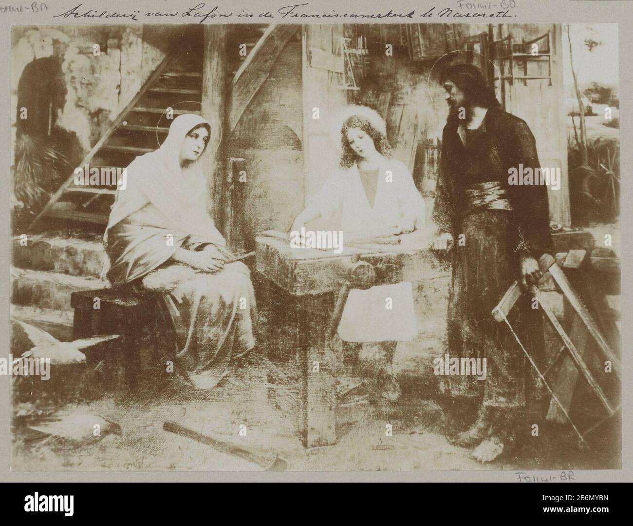 Teil von Bildern einer Reise durch Südeuropa und den Mittleren Osten. Hersteller : Fotograf: Anonym zum Malen: François Lafon dating: 1900 - Charakteristiken oder Apr 1910 Physisch: Tageslichtpapier Medien: Papiertechnik: Helles Papier Druckabmessungen: H 148 mm × W 204 mm Subjekt Joseph mit dem Christkind (und Maria) in seiner Tischlerwerkstatt und Stockfoto