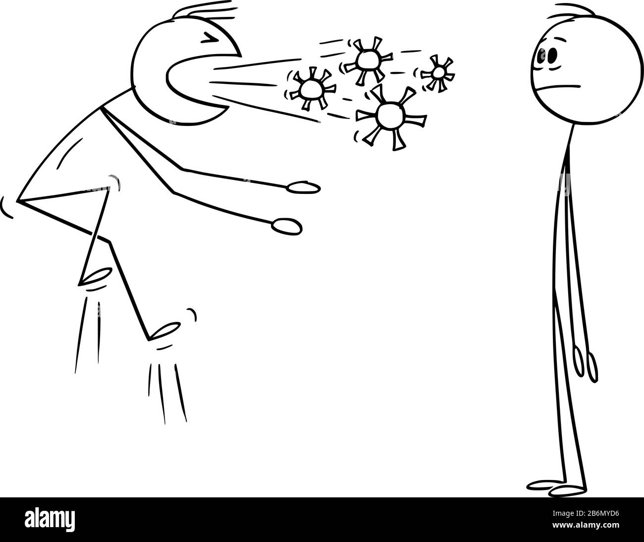 Vector Cartoon Stick Figur Zeichnung konzeptionelle Abbildung des kranken infizierten Mannes Husten oder Niesen und verbreiten der Infektion von Coronavirus Kovid-19 oder Grippe. Stock Vektor