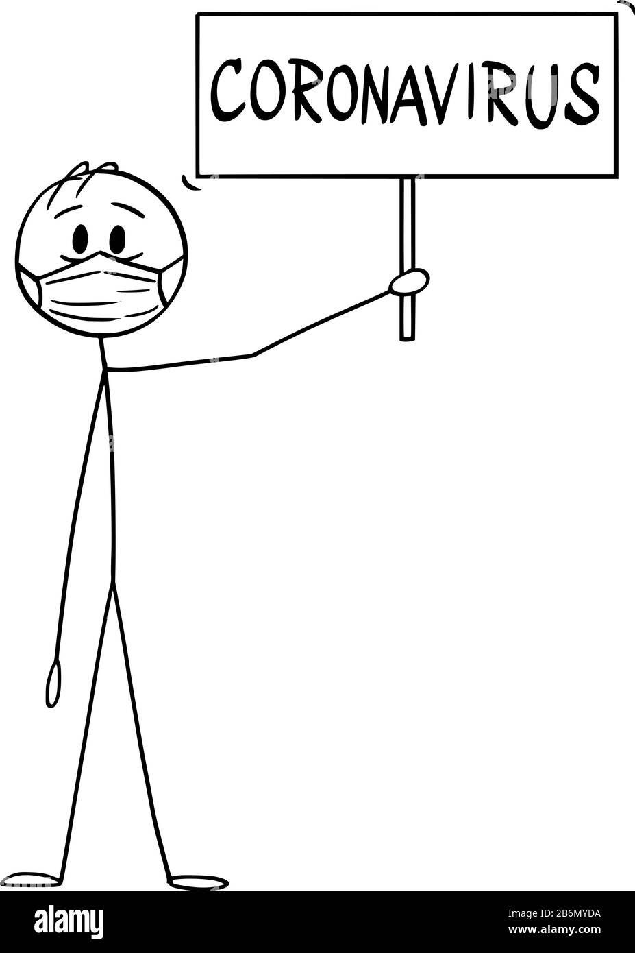 Vector Cartoon Stick Figur Zeichnung konzeptuelle Illustration von Mann oder Geschäftsmann mit Gesichtsmaske mit Coronavirus Kovid-19-Zeichen. Stock Vektor
