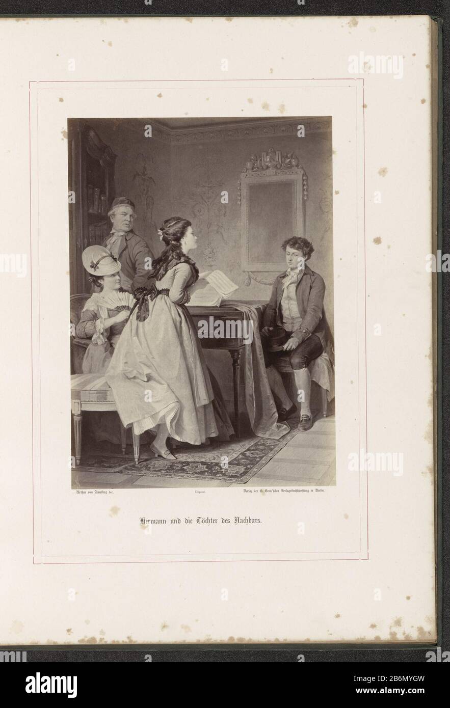 Teil des Albums mit Fotorepproduktionen von Gemälden von A.G. von Ramberg zur Arbeit "Hermann und Dorothea" J.W. von Goethe-Institut. Hersteller : Fotograf: Franz Hanfstaengl (denkmalgeschütztes Objekt) zum Gemälde von Arthur Georg von Ramberg (denkmalgeschütztes Gebäude) Herausgeber: G. Grote'schen Verlagsbuchhandlung (denkmalgeschütztes Eigentum) Ort Herstellung: Berlin Datum: 1871 - 1872 Physische Merkmale: Albumin Druckmaterial: Papiertechnik: Albumin Druckabmessungen: Foto: H 284 mm × W 202 mm Betreff: Junge, adolescentadulte Frau, die Musik macht; Musikerin mit Instrument Stockfoto