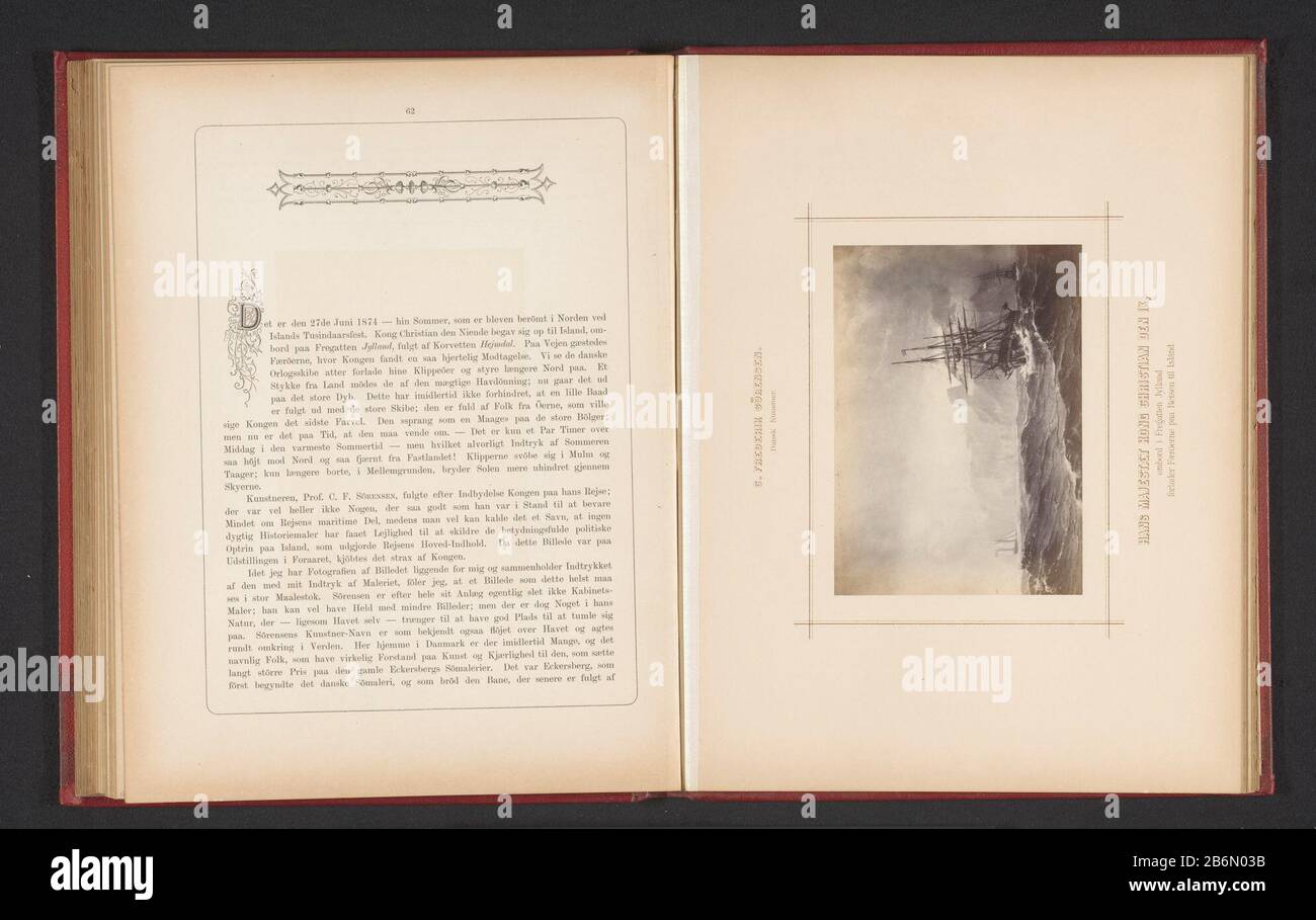 Foto Reproduktion eines Gemäldes eines Segelschiffs in einem Fjord von Carl Frederik SørensenHans Majestaet Kong Christian den IX (Titelobjekt) Objektart: Foto-Reproduktion Seite Artikelnummer: RP-F 2001-7-1387-17 Aufschriften/Marken: Aufschrift, Rekto, gedruckt: "Dansk Kunstner.'opschrift, Rekto, gedruckt: "Ombord i Fregatten Jylland / forlader Faerøerne paa Reisen til Island." Hersteller: Fotograf: Johannes Jaeger zum Malen: Carl Frederik Sørensen (denkmalgeschütztes Gebäude) Datum: Um das Jahr 1873 - oder für ca. 1878 Material: Papiertechnik: Albumin Druckabmessungen: Foto: H 105 mm × W 148 mmToel Stockfoto