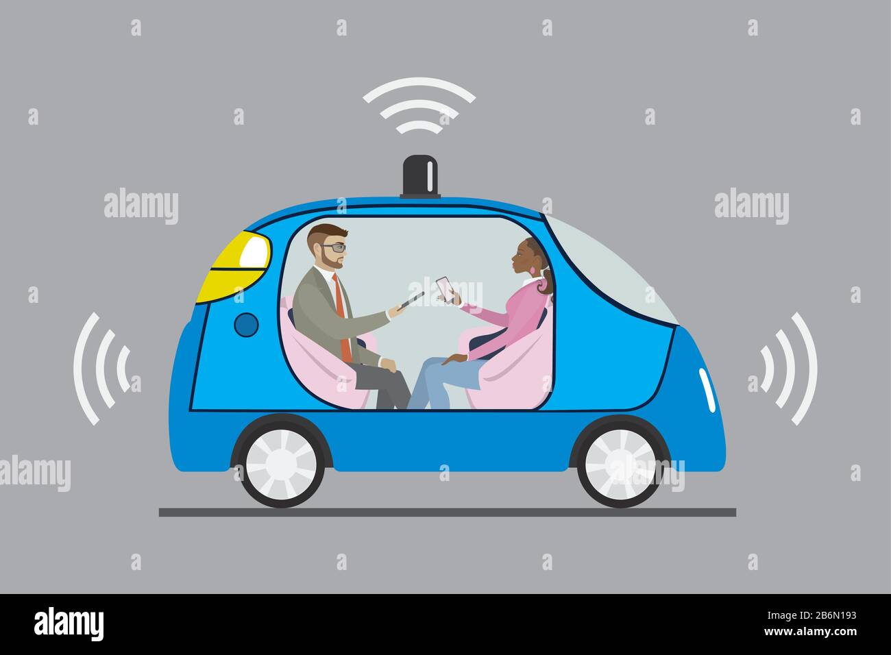 Selbstfahrender Wagen mit männlichen und weiblichen Passagieren, Cartoon autonomes blaues Auto, flache Vektorgrafiken Stock Vektor