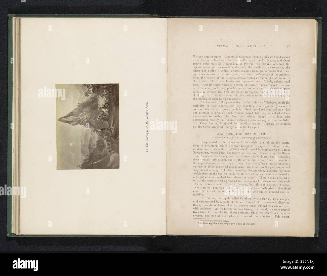 Fotoreproductie van een tekening van de Ataraipurots in Guyana met mensen ervoor The Ataraipu, or, the Devil's Rock (titel op object) Photo Reproduktion einer Zeichnung Ataraipurots in Guyana mit Menschen ervoorDie Ataraipu, or, The Devil's Rock (title object) Property Type: Foto Reproduktion Seite: Item: Item Number: Item: RP-F 2001-7-404-12 Aufschriften/Marken: Nummer, Nachzeichnung, Druck: "11" Hersteller: Fotograf: Anonym zur Zeichnung: Anonymer Ort Herstellung: Guyana Datum: CA. 1856 - oder für das Material von 1866: Papiertechnik: Albumindrucke Abmessungen: Foto: H 77 mm × W 104 mmToelichtingFoto gegenüber p Stockfoto