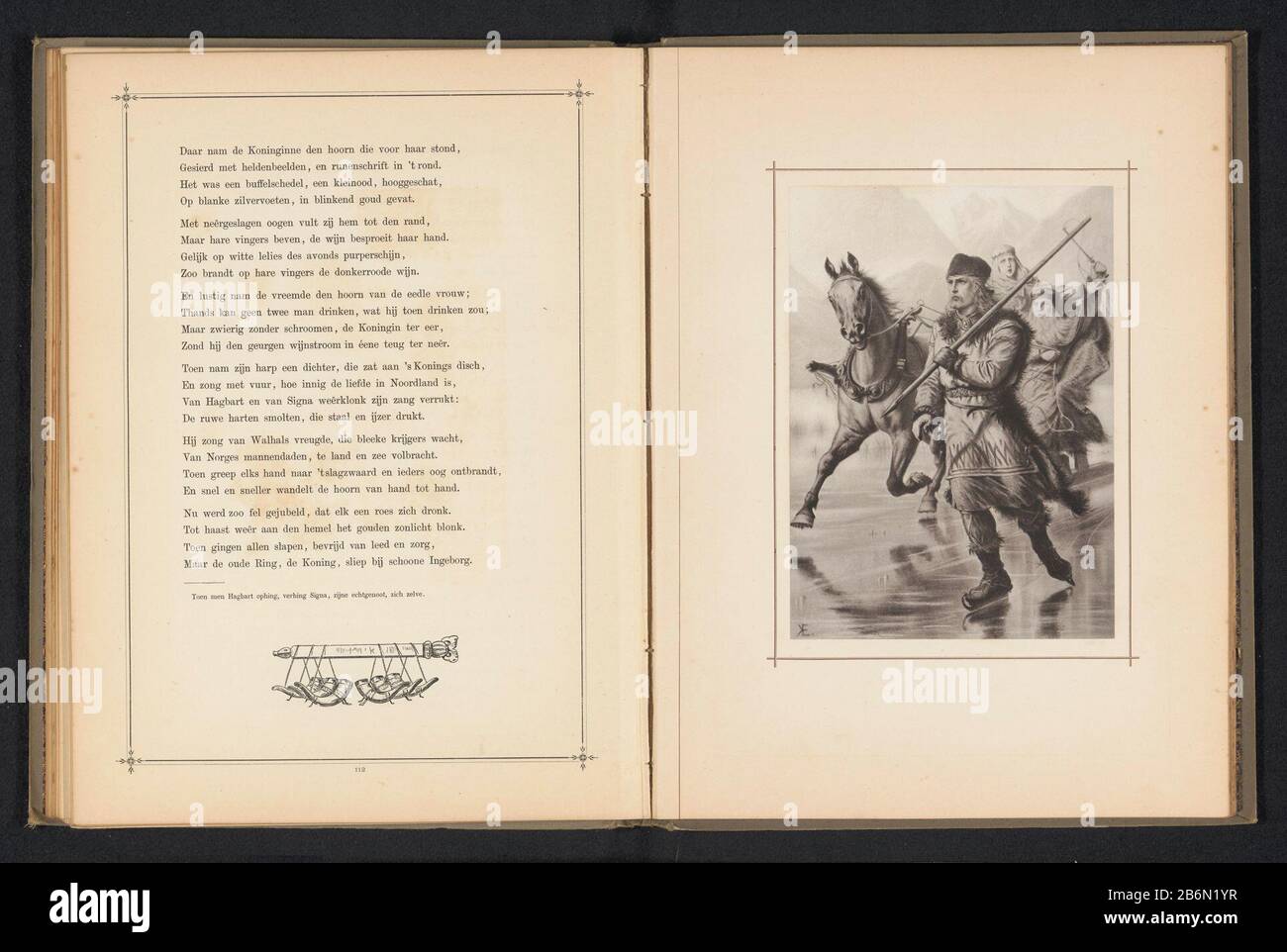 Fotoreproductie van een tekening van Frithjof en twee mensen in een slee op het ijs Szene aus dem Frithiof's Saga von Esaias Tegnér. Ersteller der Herstellung: Ersteller: Anonym zur Zeichnung: Knut Ekwall (aufgeführte Eigenschaft) Datum: CA. 1872 - ca. 1882 Material: Papiertechnik: Lichtdruckmessungen: Aufgedruckt: H 175 mm × W 125 mmToelichtingPrent Vorderseite 112. Betrifft: Skates (Wintersport) Pferdeschlitten Stockfoto