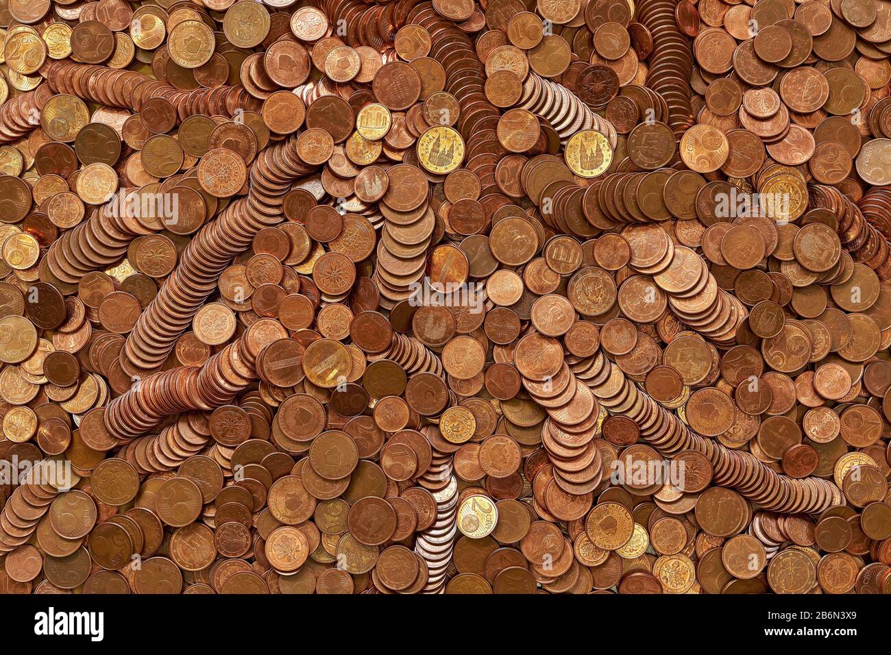 Abschluss vieler Euro-Cent-Kupfermünzen Stockfoto