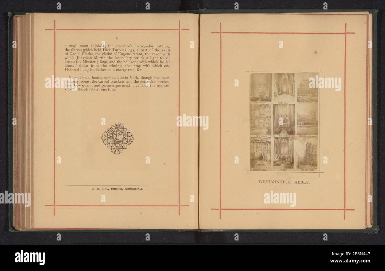 Fotoreproductie van negen Foto's van Westminster Abbey Westminster Abbey (titel op object) Von oben nach unten und von links nach rechts: Das Querhaus, ein Gang, das Äußere der Kapelle, Dichterecke, der Chor, Gesicht der Abtei, das Krönungsgestühl, Schiff und ein Gesicht auf dem abdij. Hersteller : Fotograf: Ch. Pumphrey & Couitgever: Ch. Pumphrey & Conaar Foto: Ch. Pumphrey & Co (möglich) Ort Herstellung: Westminster Abbey Datum: 1870 - oder für das Jahr 1880 Material: Papiertechnik: Albumin Druckabmessungen: Foto: H 91 mm × W 62 mmToelichtingFoto Vorderseite 8. Betrifft: Kirche (außen) Teile des Kirchenbereichs Stockfoto